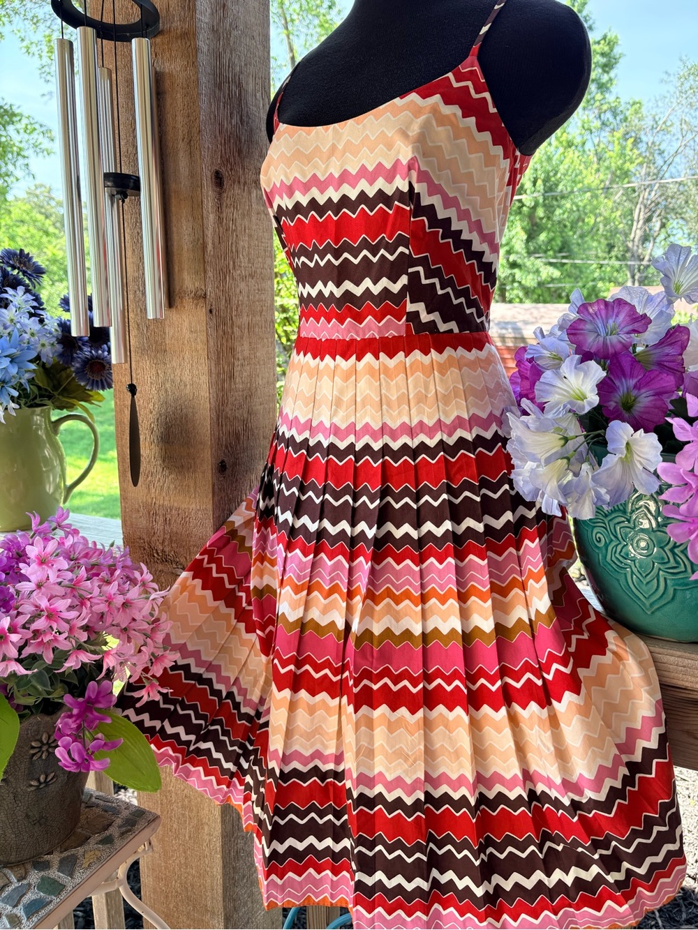 Max & Cleo Red Brown Pink Ric Rac Design Fit & Flare Sundress Adjustable Straps - Picture 3 of 9